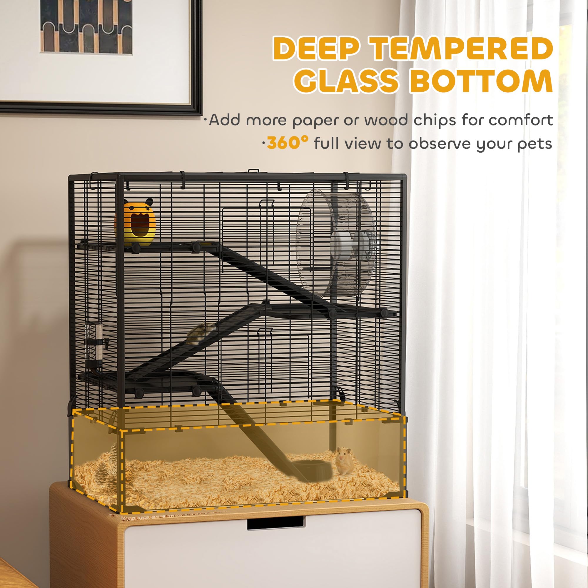 Pawhut Large Hamster Cage With Deep Tempered Glass Bottom, 4 Tiers Hamster Tank With Running Wheel, Hut, Water Bottle, Dish, Rat